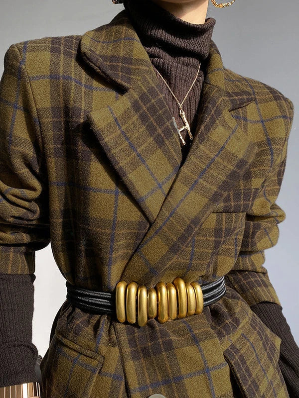 Woolen Blend Jacket Plaid Notch Collar Long Sleeve — Charcoal | KIMLUD