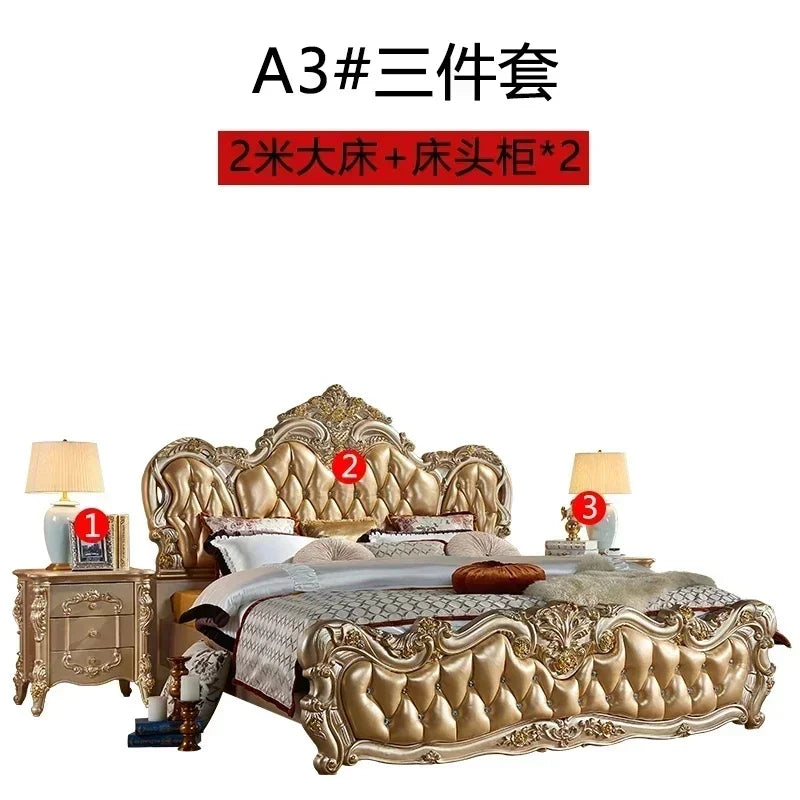 Luxury Gold Double Bed King Size Solid Wood Bedroom Set for Adults, Modern Princess Design Comfort Mattress