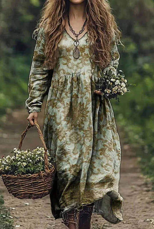 Boho Vintage Print Long Dresses For Women 2025 Casual V Neck Full Sleeve Splice High Waist Loose Dress Autumn Fashion Vestidos