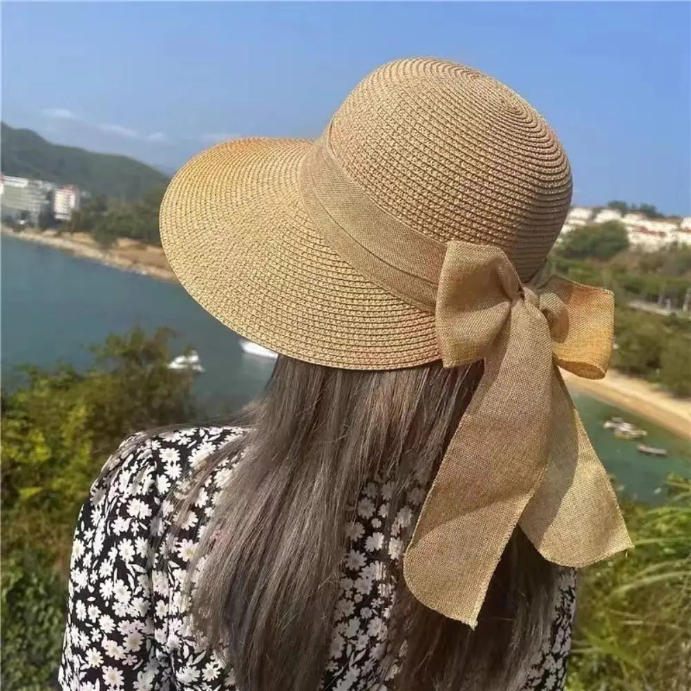 Straw Lightweight Bowknot Panama Hat — Beige | KIMLUD