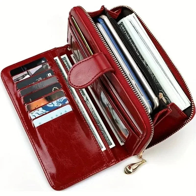 Oil-Wax PU Leather Clutch Wallet Large Capacity Phone Purse — Burgundy | KIMLUD