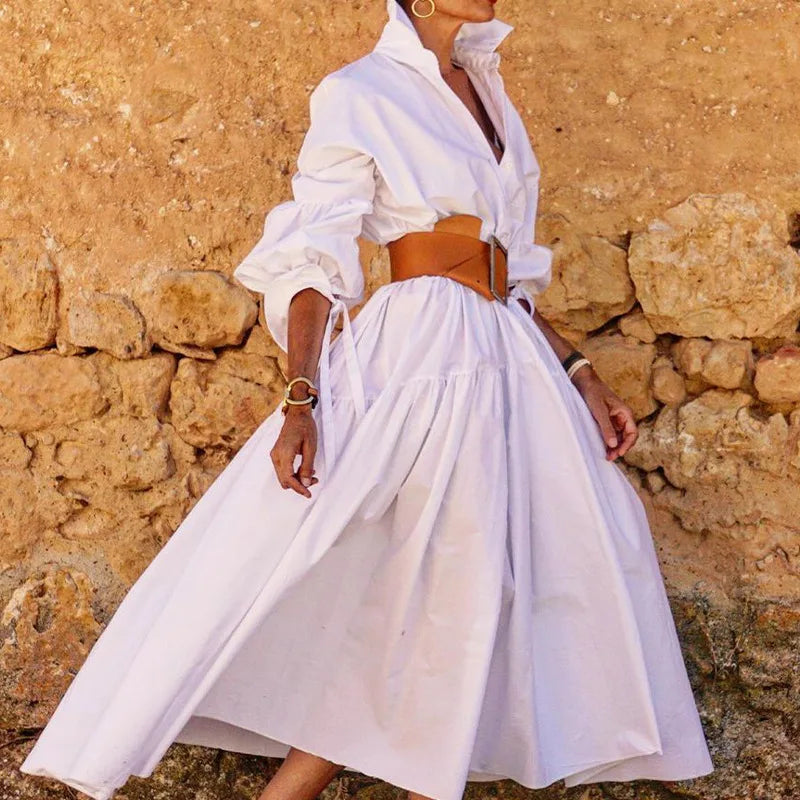 A-Line Midi Dress – Long Sleeve V-Neck – High Waist Button Detail | KIMLUD