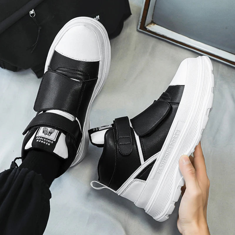 Autumn Men Casual Sneakers Leather Chunky Platform High-top Shoes Ankle Boots Magic Tape Sneakers Male Breathable Sport Shoes 44