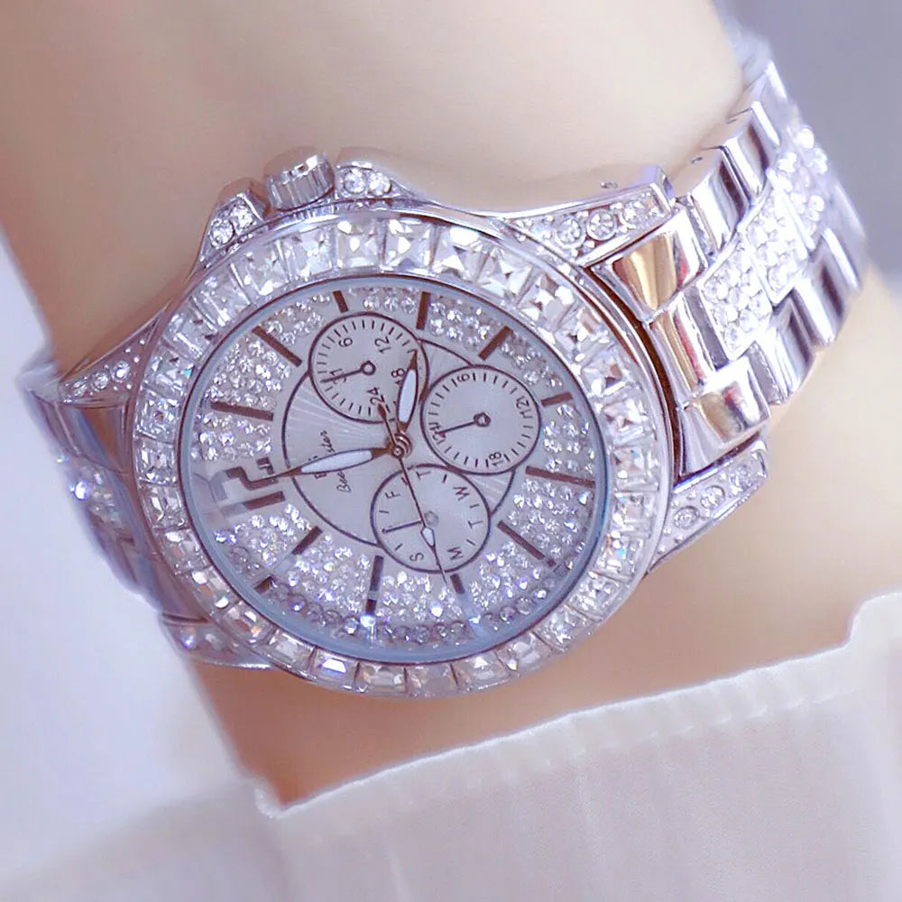 Lux Elegant Diamond Dial Two-Tone Watch — Silver | KIMLUD
