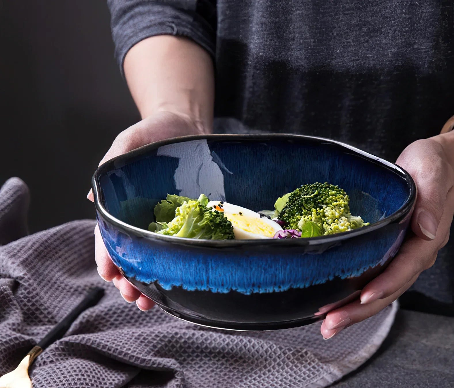 Bone China Bowl Irregular Japanese-Inspired Shape With Soft Flared Rim — Blue | KIMLUD