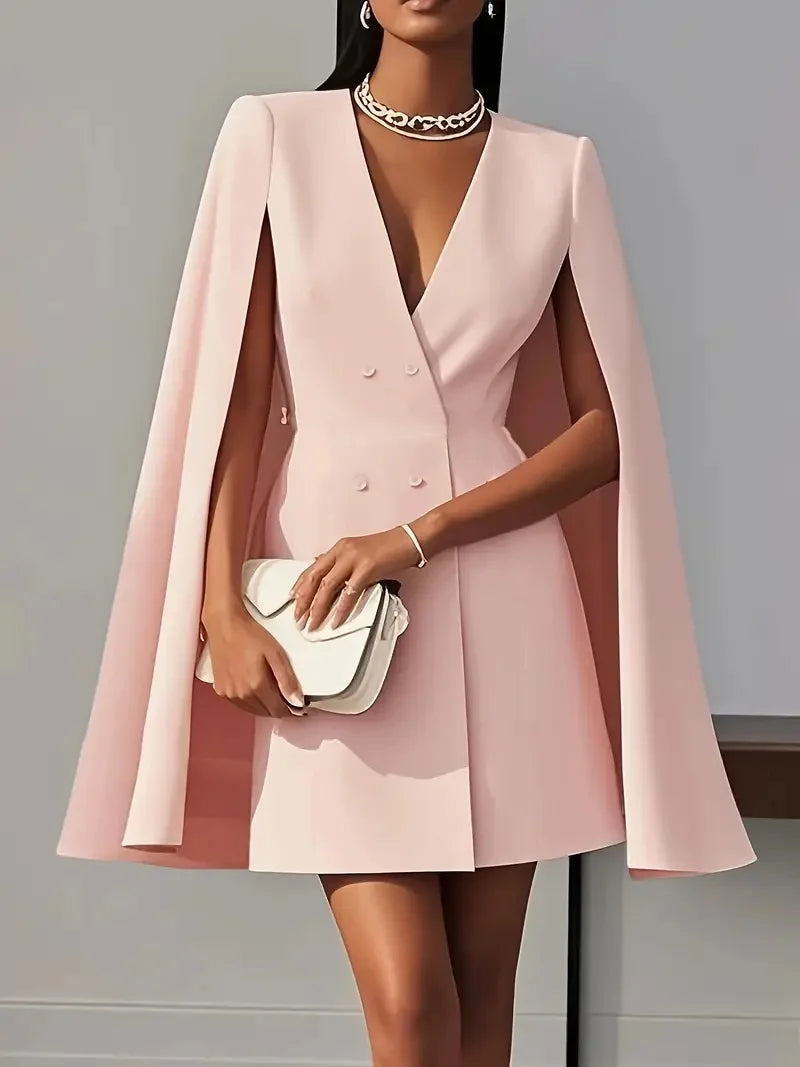 Women's Double Breasted Shawl Cape Suit Dress - Solid Color V-Neck Mini Dress with Open Back Sleeves