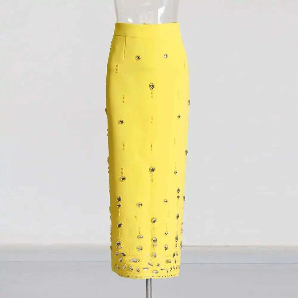 KIMLUD, TWOTWINSTYLE Solid Spliced Diamonds Two Piece Set For Women Stand Collar Long Sleeve Tops High Waist A Line Skirt Set Female New, KIMLUD Womens Clothes