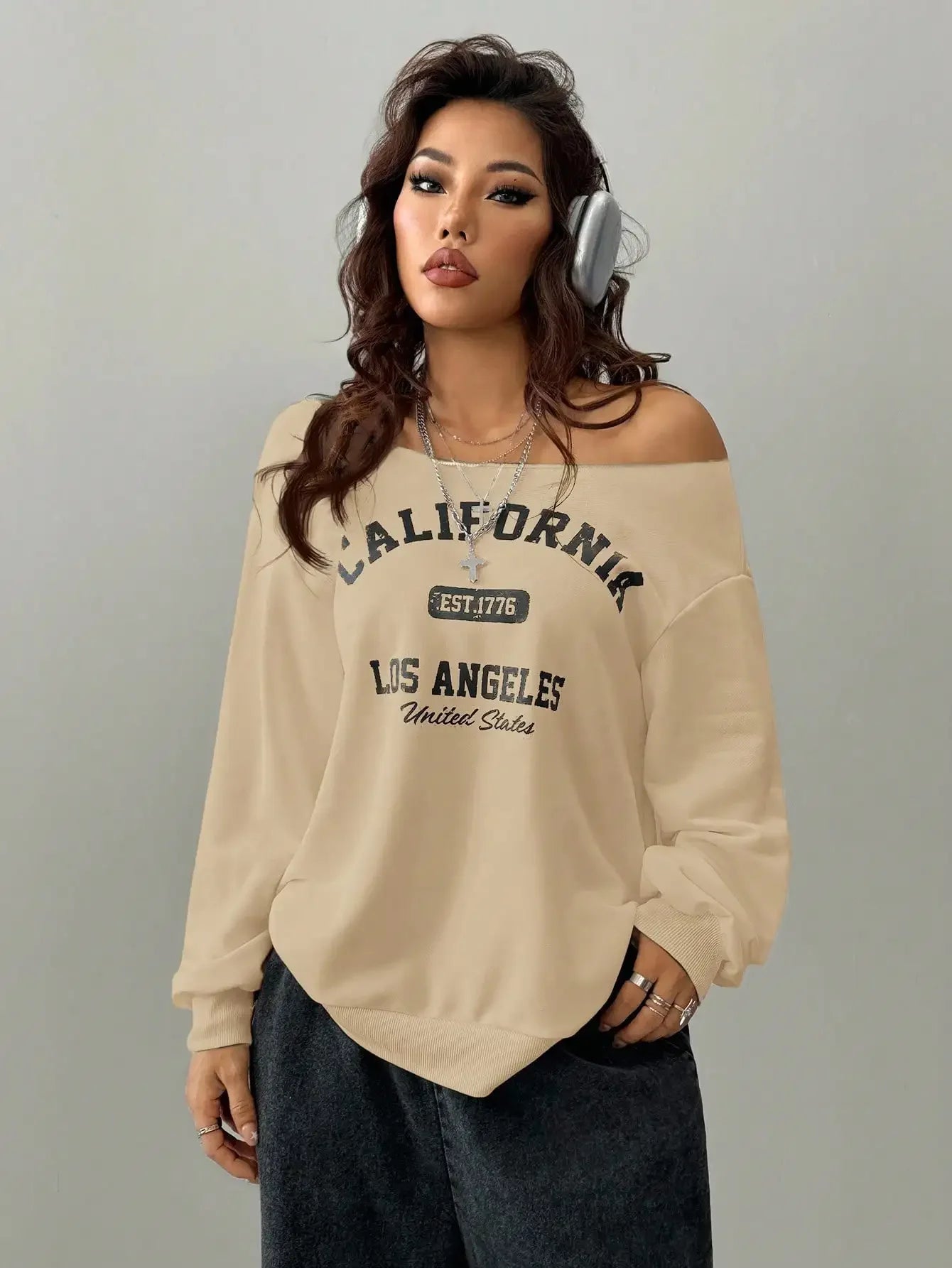 Single Shoulder Knit Top - Loose Long Sleeve - Grey | KIMLUD