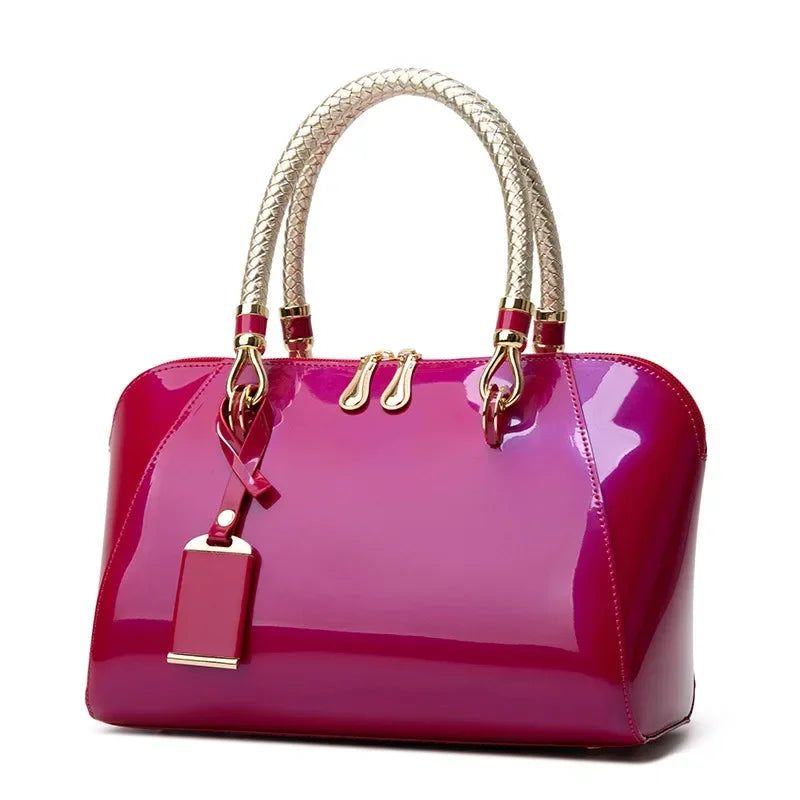 Shiny Faux Leather Boston Bag Deluxe — Ivory | KIMLUD