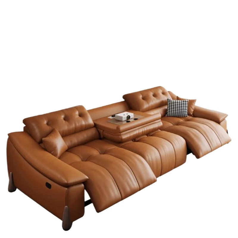 Leather Minimalist Sofa Bed With Hand-Finished First Layer Cowhide And Subtle Italian Hardware — Caramel Brown | KIMLUD