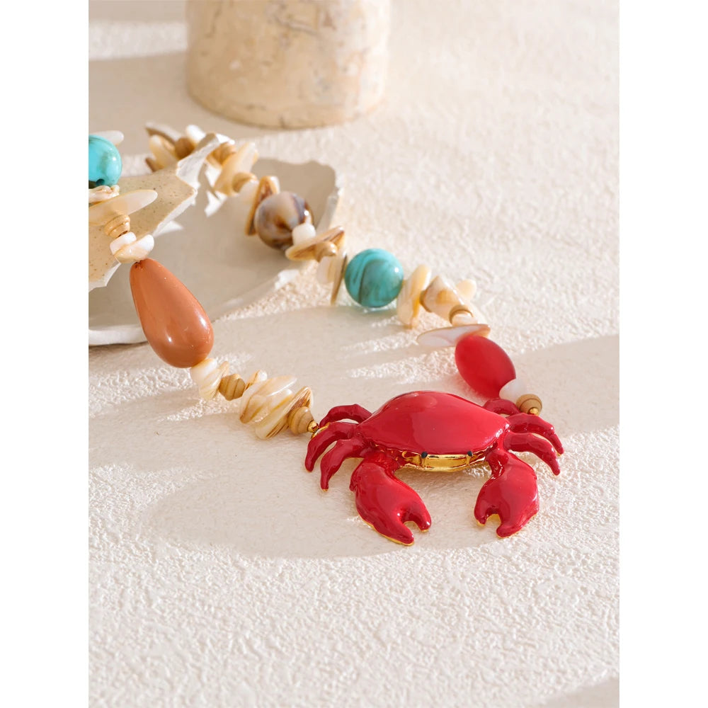 Shell Resin Ocean Style Crab Pendant Necklace — Red | KIMLUD