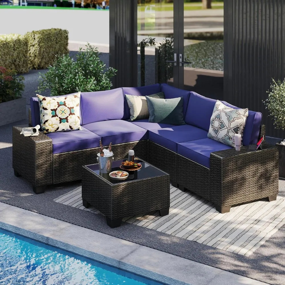 Wicker Patio Set 6-Piece With Wide Armrests — Navy | KIMLUD