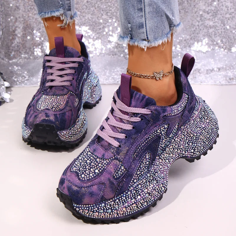Women's Sneakers – Crystal Embellished Platform – PU Insole | KIMLUD