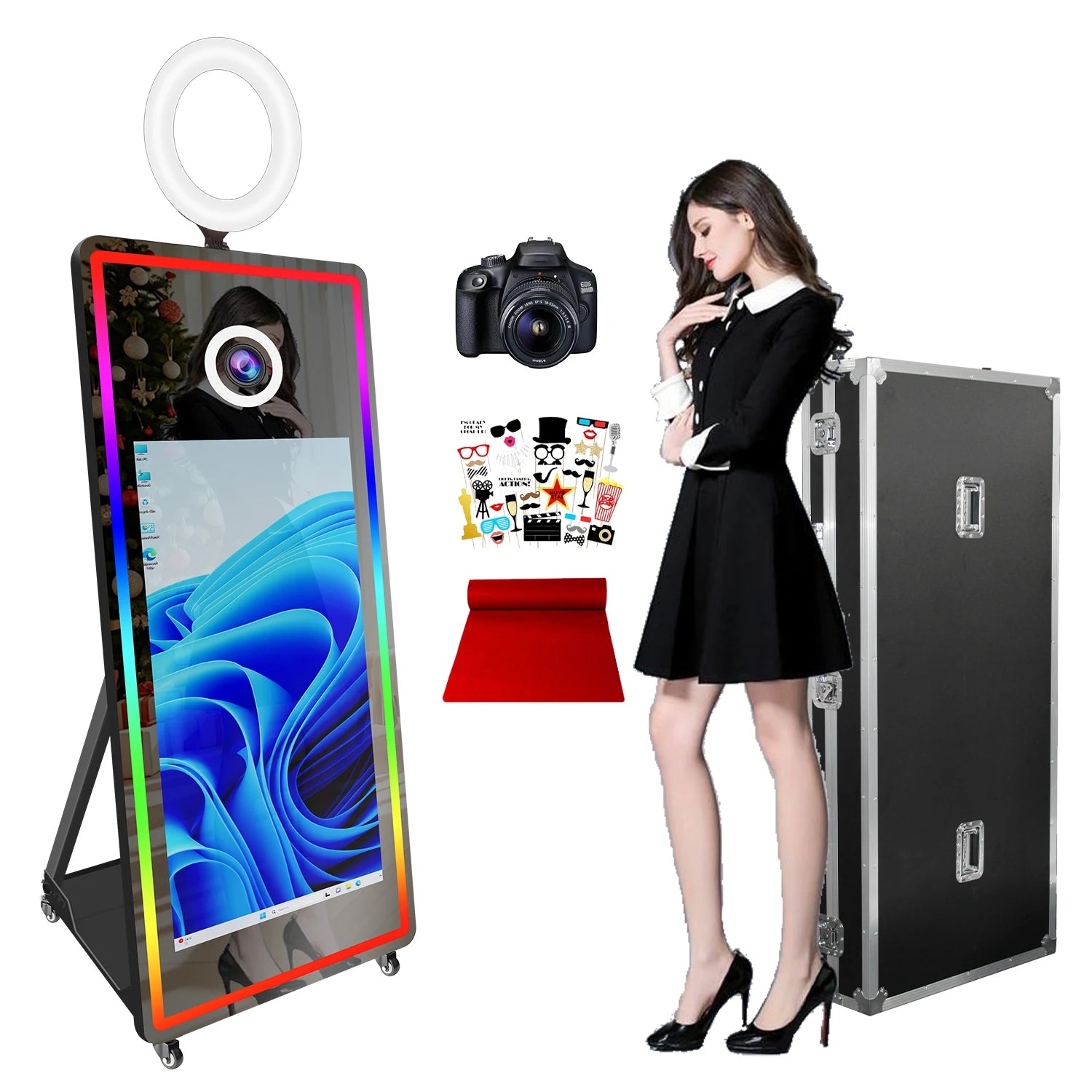 Metal-Glass Frame Portable Mirror Photo Booth 43 Inch With LED Edge Lighting — Black | KIMLUD