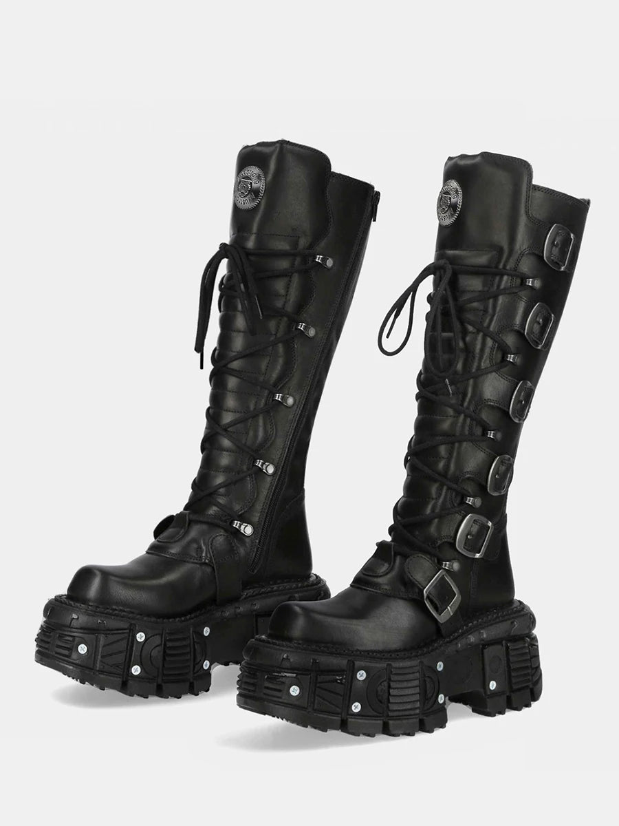 Belt Buckle Motorcycle Boots Knee High Rock Punk Round Toe Thick Bottom Leather Solid Color Fashion Sexy Women Shoes New