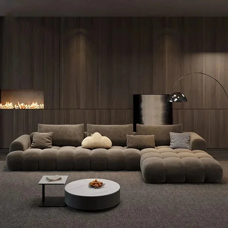 Plastic Upholstery Floor Recliner Sofa With Puffed Cushions And Modular Section — Brown | KIMLUD