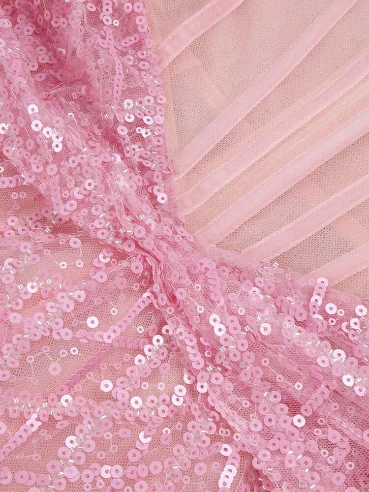 KIMLUD, VC Sparkling Pink Off-Shoulder Sequins Dress with Dramatic High Slit for Party Prom Evening Gown, KIMLUD Womens Clothes