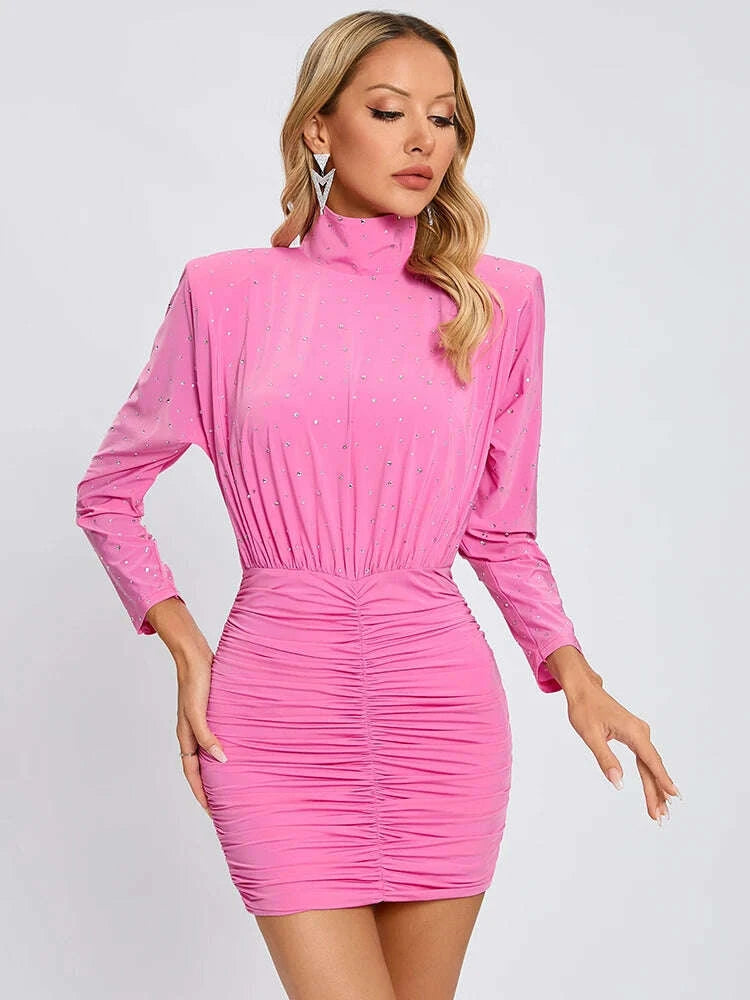 KIMLUD, VC Chic Hot Pink High Neck Long Sleeve Mini Dress with Sparkling Rhinestone Embellishments and Ruched Detailing, KIMLUD Womens Clothes