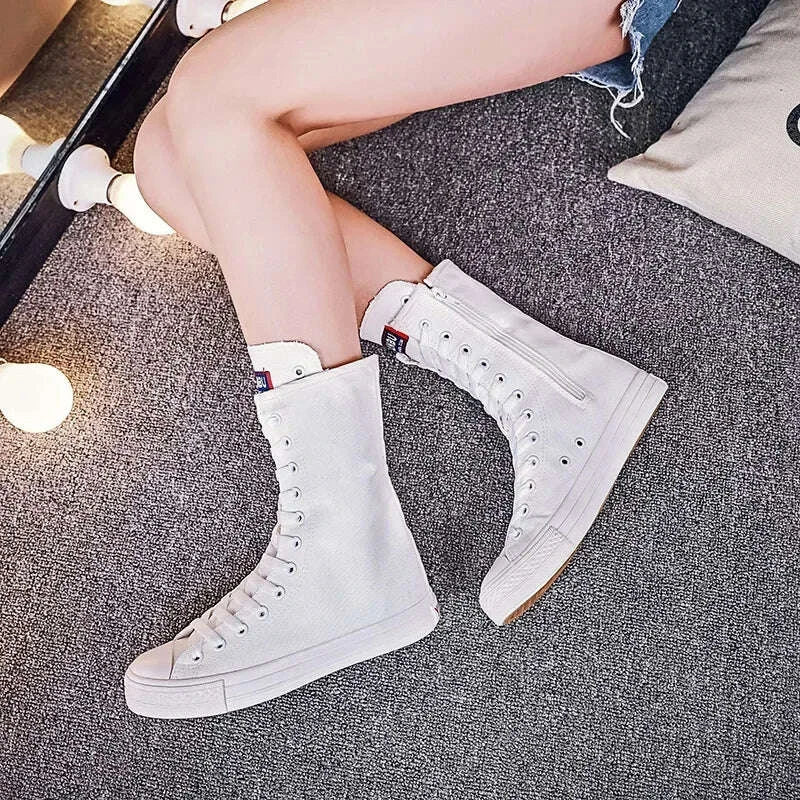 KIMLUD, Canvas Long Boots for Women High Top Women Canvas Shoes Lace Up Knee High Boots Flats Casual Vulcanized Shoes Sneakers Girls, KIMLUD Womens Clothes