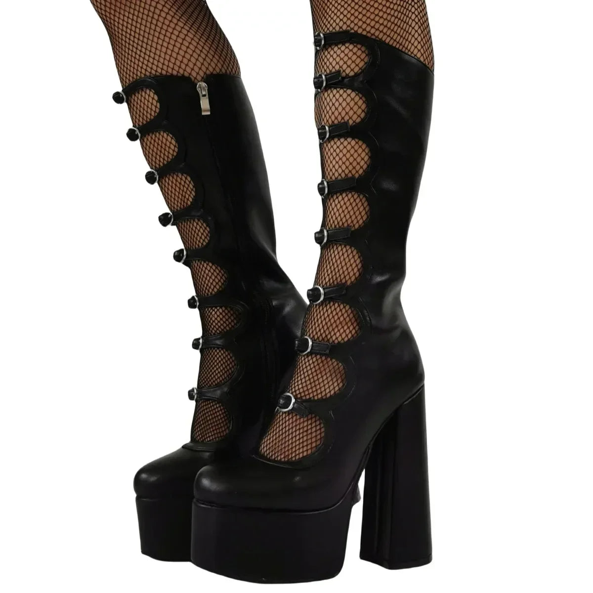 PU Knee-High Mary Jane Boots Belt Buckle Patchwork — Warm Tan | KIMLUD