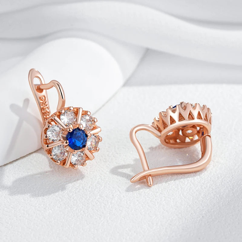 Rose Gold Floral Halo Earrings With Cobalt Heart — Rose Gold | KIMLUD