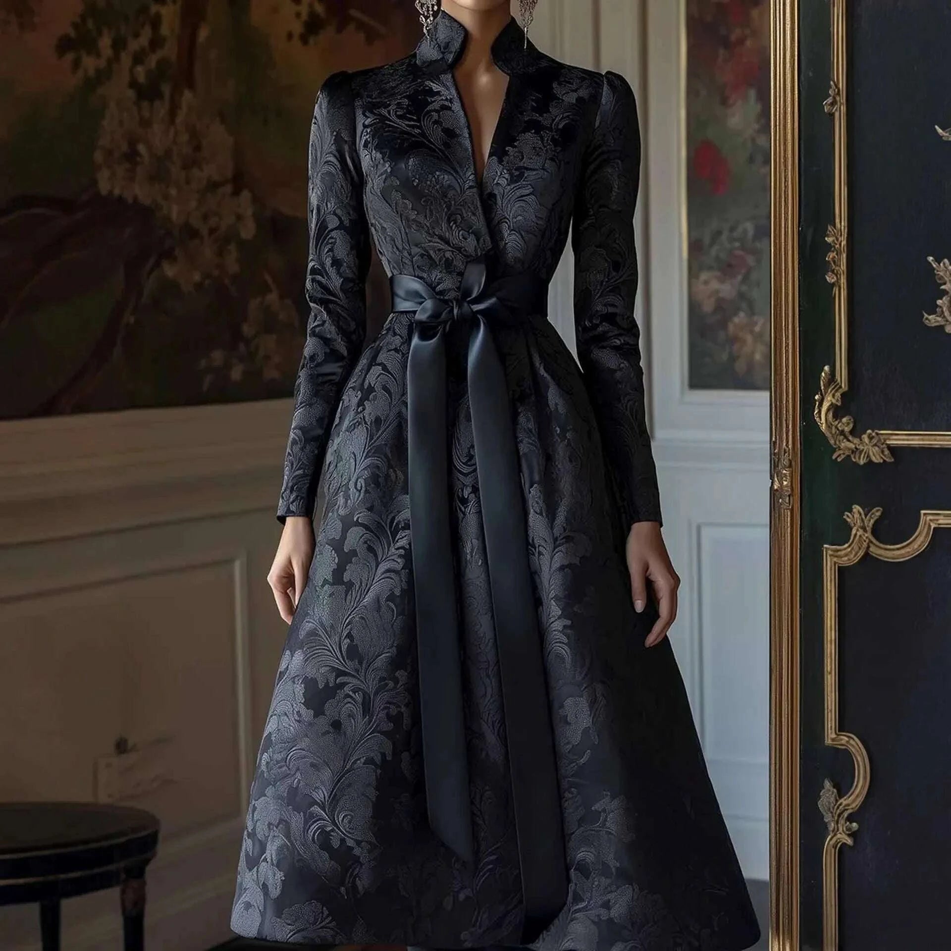 Elegant Womens Print Dress Evening Party Guest Long Sleeve Pleated Max Elegant Womens Print Dress Evening Party Guest Long Sleeve Pleated Max