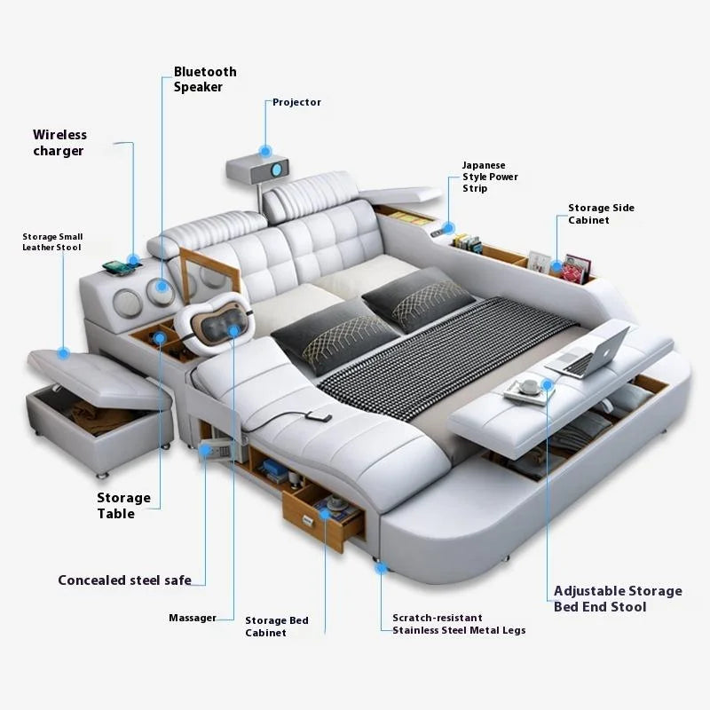 Hotsale Luxury Leather Smart Bed Multifunctional Bed Tatami King Size Platform Upholstered Fabric Soft Bed Storage Music Speaker