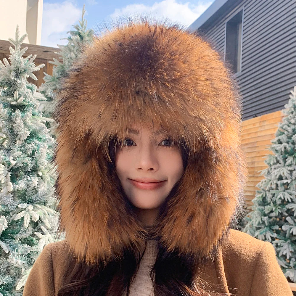 Natural Raccoon Fur Caps Russian Hat Unisex Trapper Fur Cap Aviator Trooper Winter Thickened And Warm Flaps Ski Hat Bomber Hats