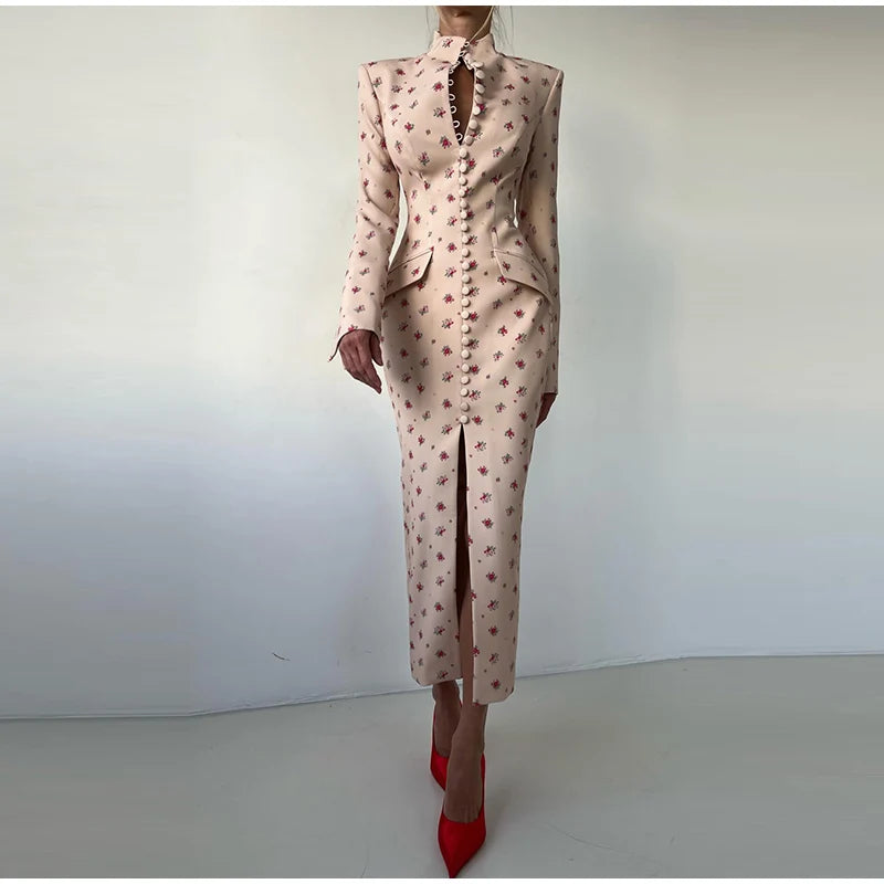 Cotton Elegant Floral Blazer Dress — Beige | KIMLUD
