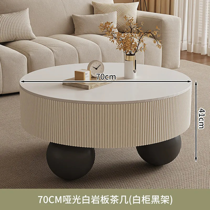 Minimalist Round Coffee Table With Storage Drawers — Ivory White | KIMLUD