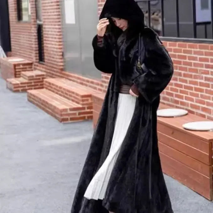 Women Thick Maxi Jacket Y2k Autumn Winter Belt Faux Fur Maxi Coat Long Warm Luxury Belt Fur Black Parkas Bontjas Furry Outerwear
