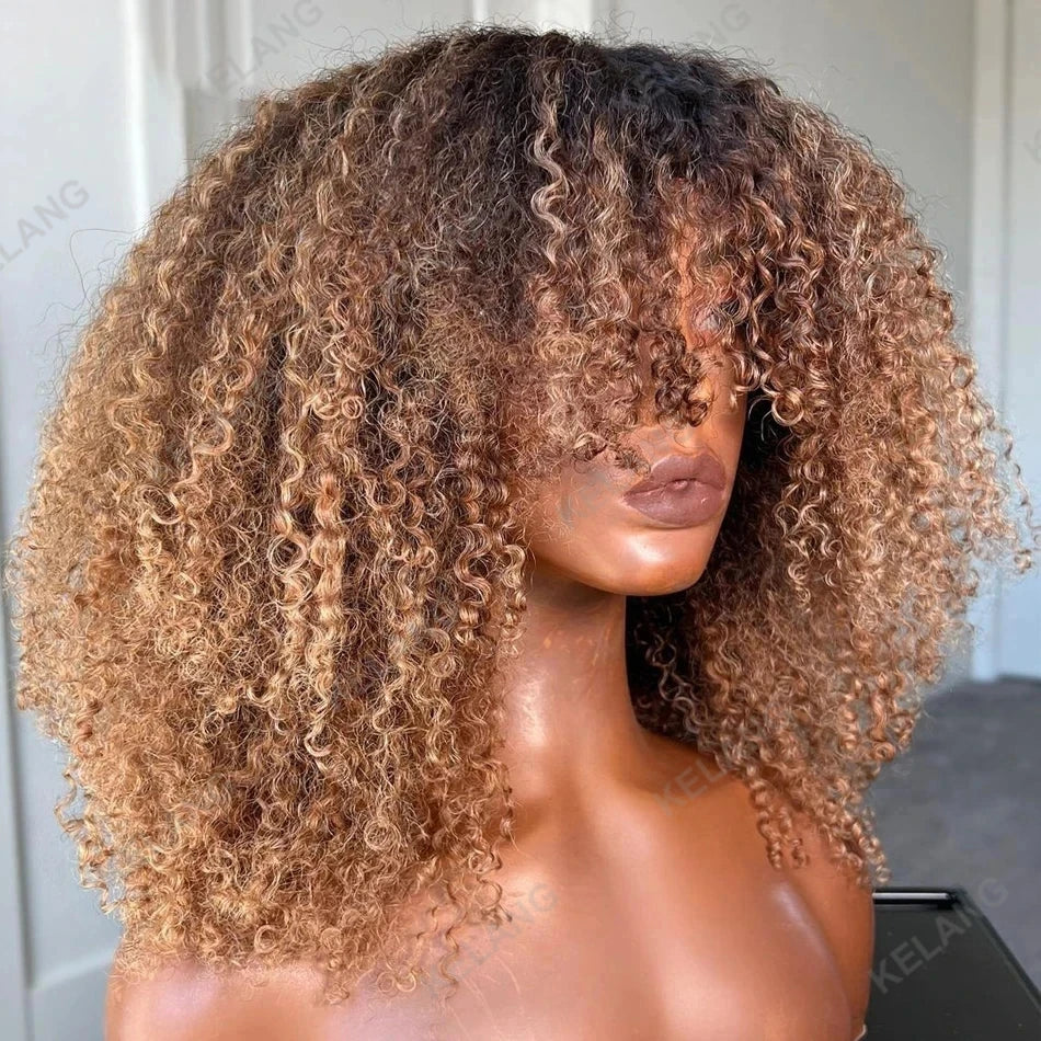 Wig – Afro Kinky Curly – Human Hair – Ombré Brown to Honey Blonde | KIMLUD