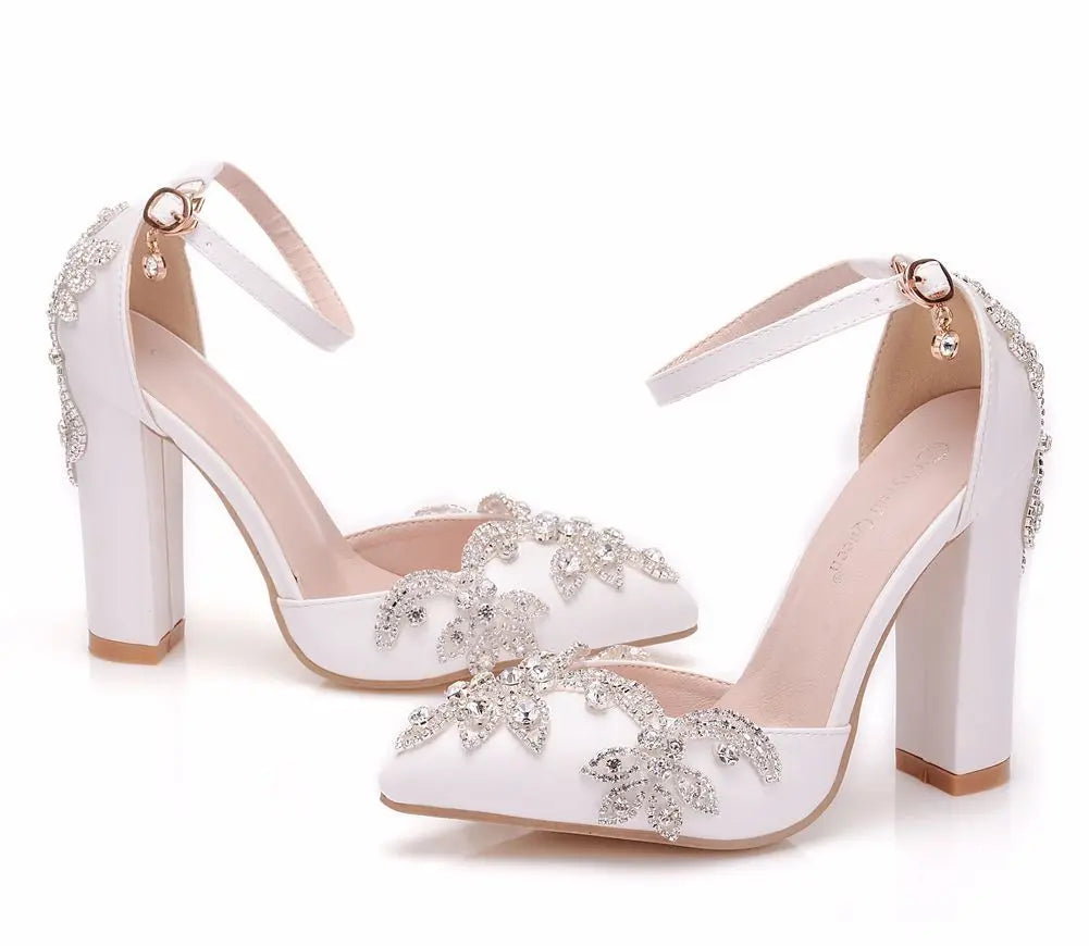 PU Sandals Rhinestone Flower Embellished Square Heel — White | KIMLUD