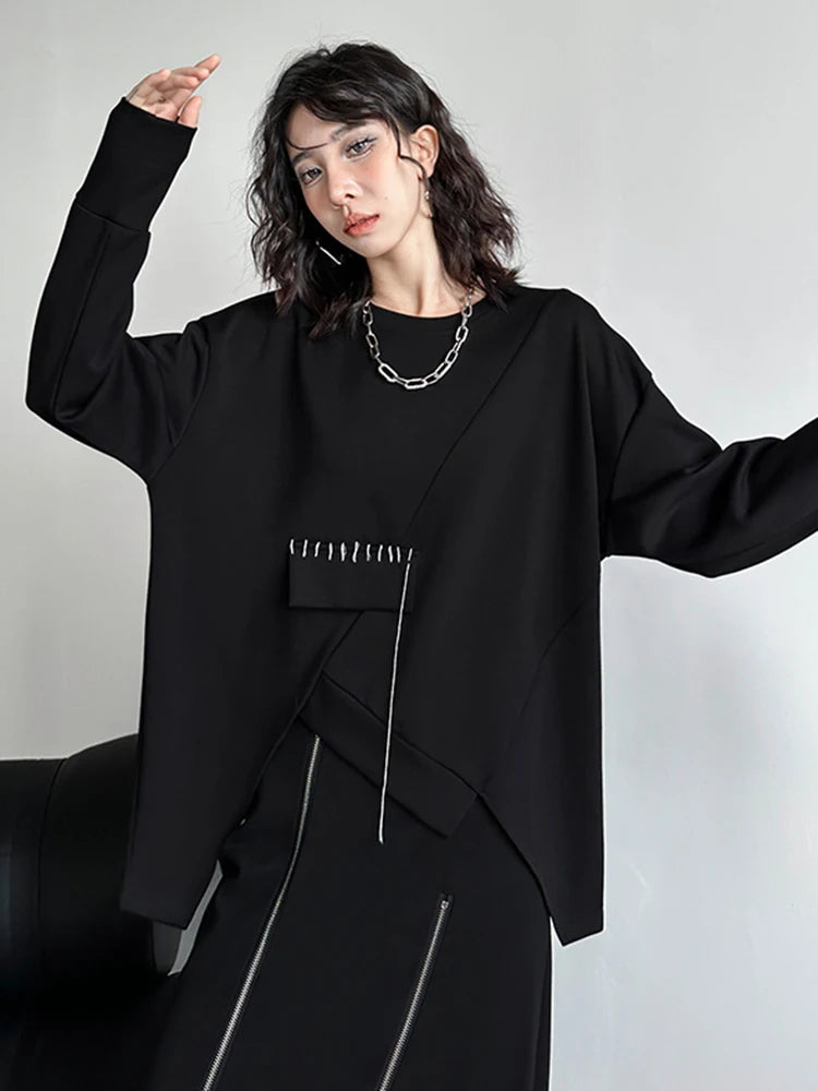 Sweatshirt - Topstitched Irregular Hem - Jersey - Black | KIMLUD