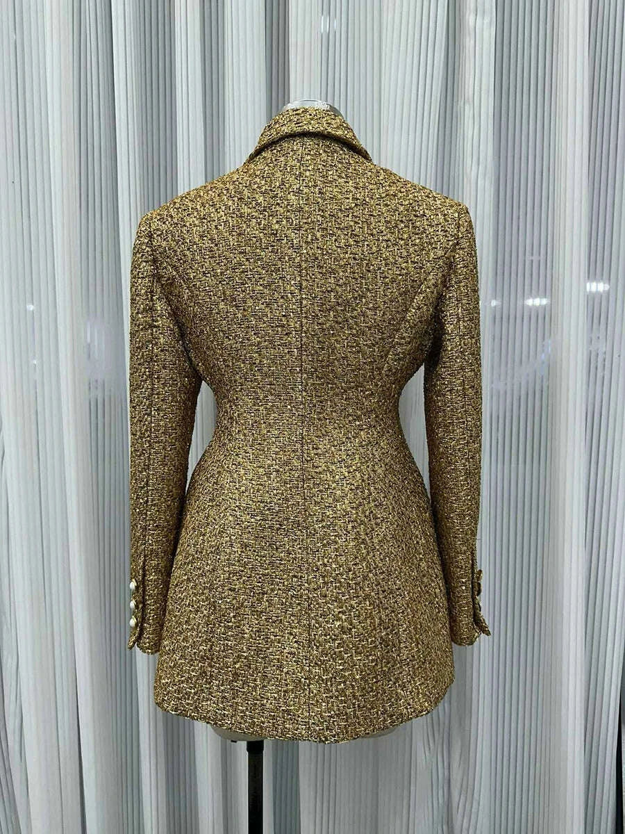 KIMLUD, VGH Chic Luxurious Tweed Blazer for Wommen Noched Collar Long Sleeve Patcfhwork Double Breasted Elegant Formal Coat Female New, KIMLUD Womens Clothes