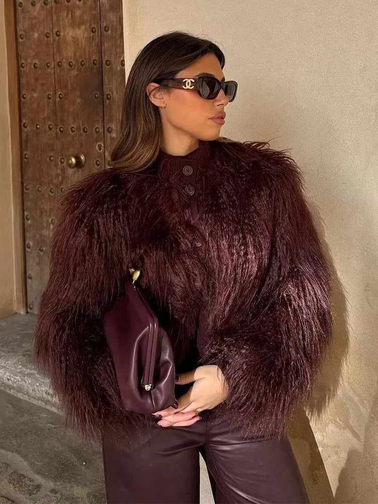 Faux Fur Knitted Short Coats Autumn And Winter Women Fashion O-Neck Jackets 2025 Elegant Office Ladies Casual Outerwear 