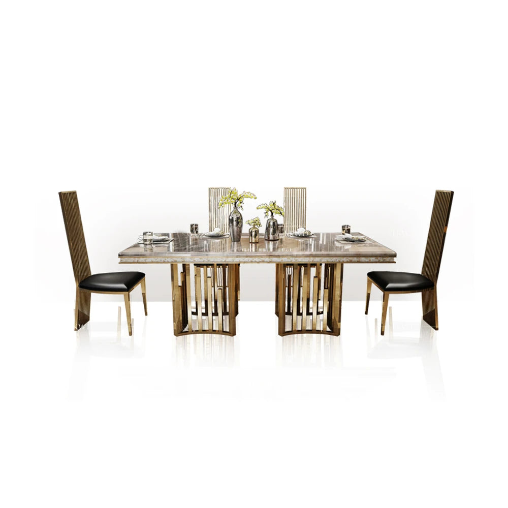 Marble Dining Table Set With Gold Frame — Black | KIMLUD