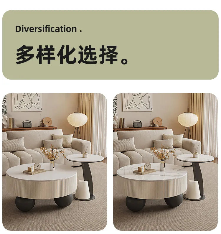 Minimalist Round Coffee Table With Storage Drawers — Ivory White | KIMLUD