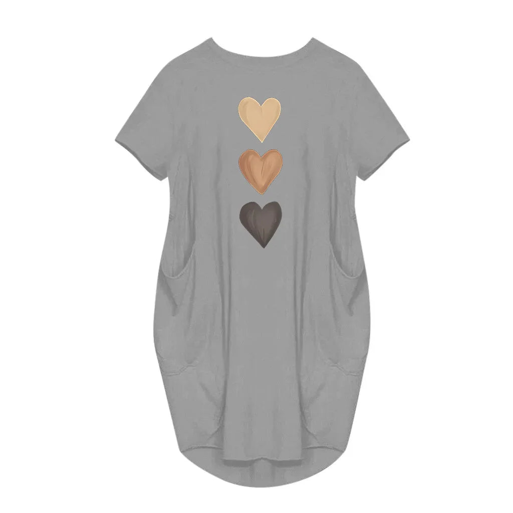 Knit Polyester Dress Three Heart Print Pockets — Black | KIMLUD