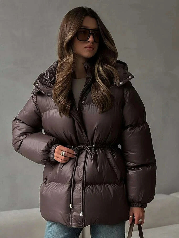 KIMLUD, Women Solid Thicken Cotton Jackets Casual Stand Collar Zipper Long Sleeves Lace Up Detachable Hat Coat Winter Lady Warm Outwear, KIMLUD Womens Clothes