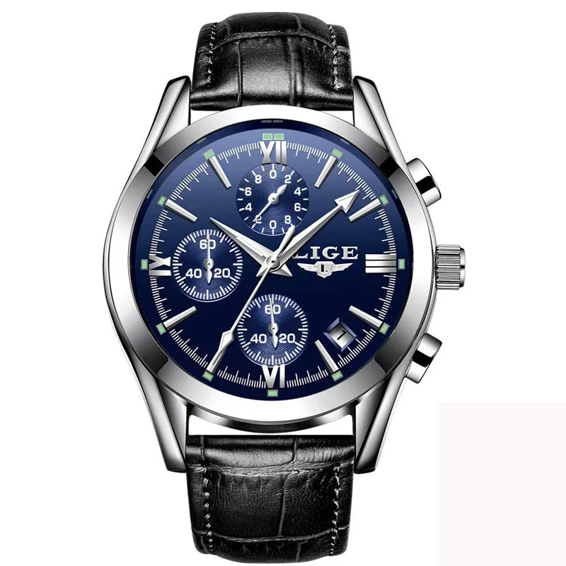 LIGE Fashion Men Watches Top Brand Luxury Military Quartz Watch for Men Business Leather Waterproof Casual Sport Chronograph New