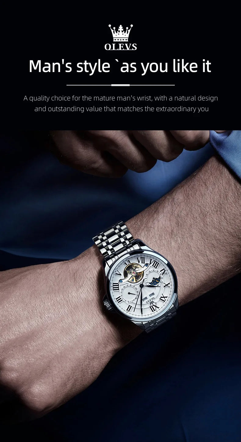 Moon Phase Mechanical Watch Automatic Self-Wind — Silver | KIMLUD