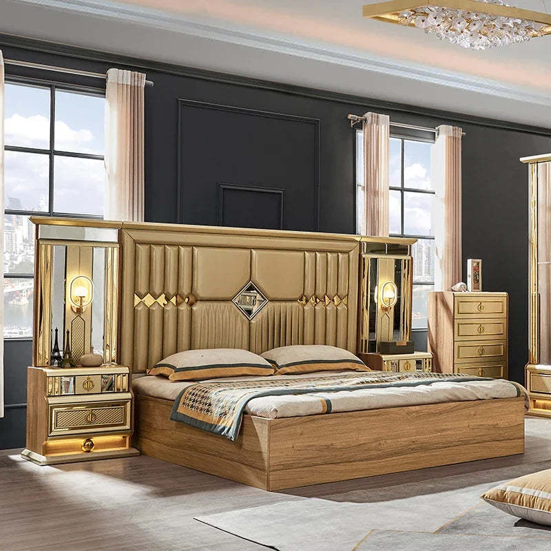 A Luxury Gold Royal Wood King Size Bed Set Villa Master Room Modern Wooden Full Queen Mdf Home Furniture Bedroom Sets