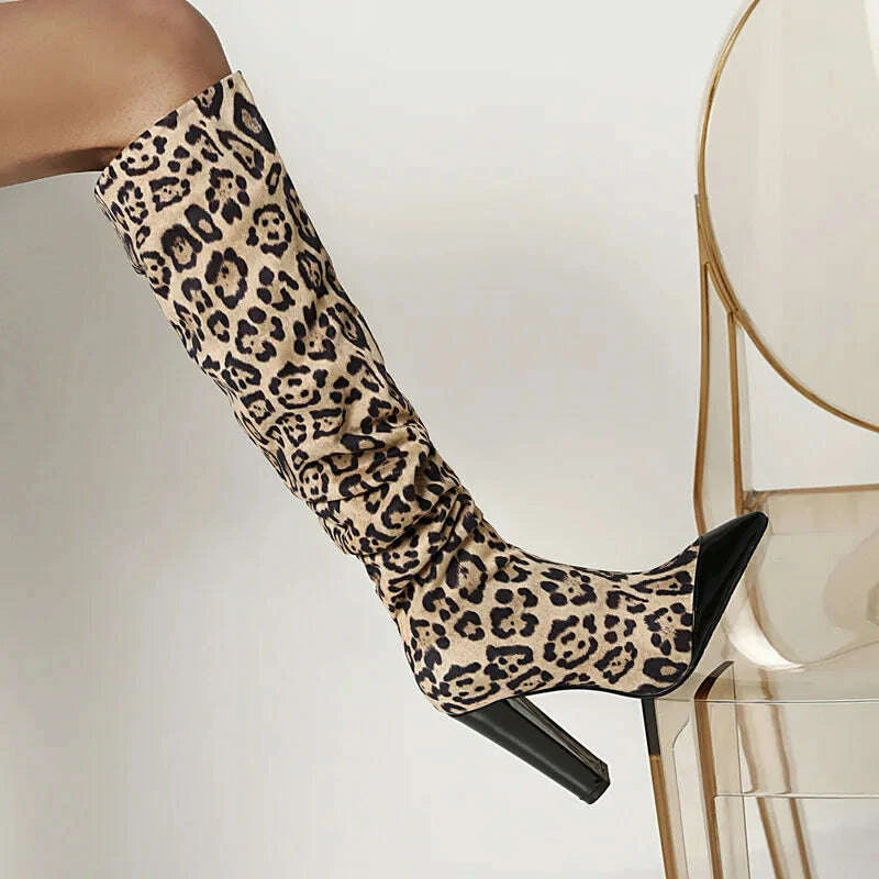 KIMLUD, Patchwork Pointed Toe Wrinkle Knee High Boots Block High Heels Fashion Leather Casual Boot Unique Sexy Lady Party Dress Shoes, KIMLUD Womens Clothes