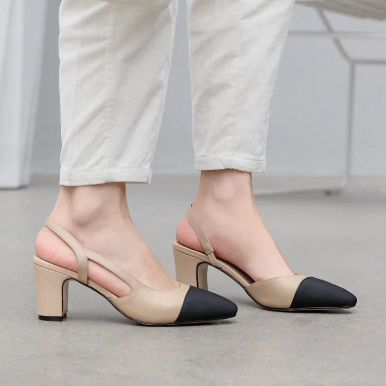 Genuine Leather Slingback Pumps Cap Toe — Beige Nude | KIMLUD