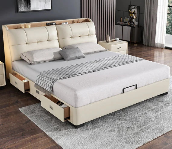 Pure White Nordic Style Oak Panel Queen Bed Frame Steel Frame Cama Modern Bed Queen Size Bed