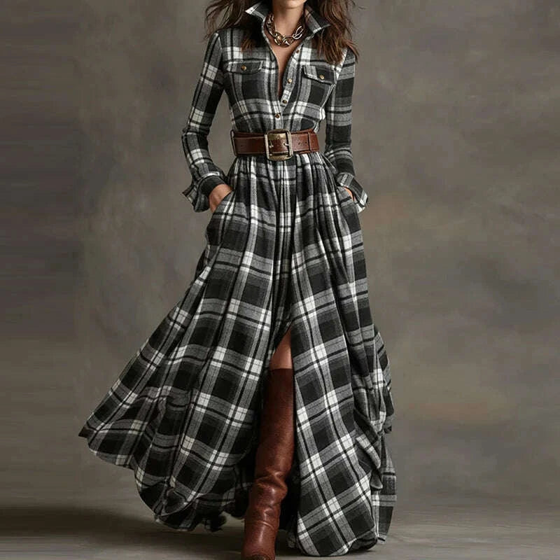 KIMLUD, 2025 Turn-Down Collar Patchwork Party Dress, Women Spring Autumn Long Sleeve Chic Maxi Dress, Plaid Printed Loose Cardigan Dress, KIMLUD Womens Clothes