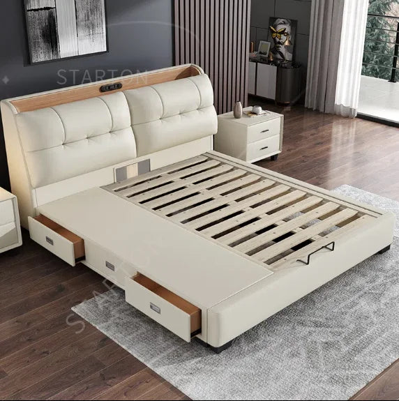 Pure White Nordic Style Oak Panel Queen Bed Frame Steel Frame Cama Modern Bed Queen Size Bed