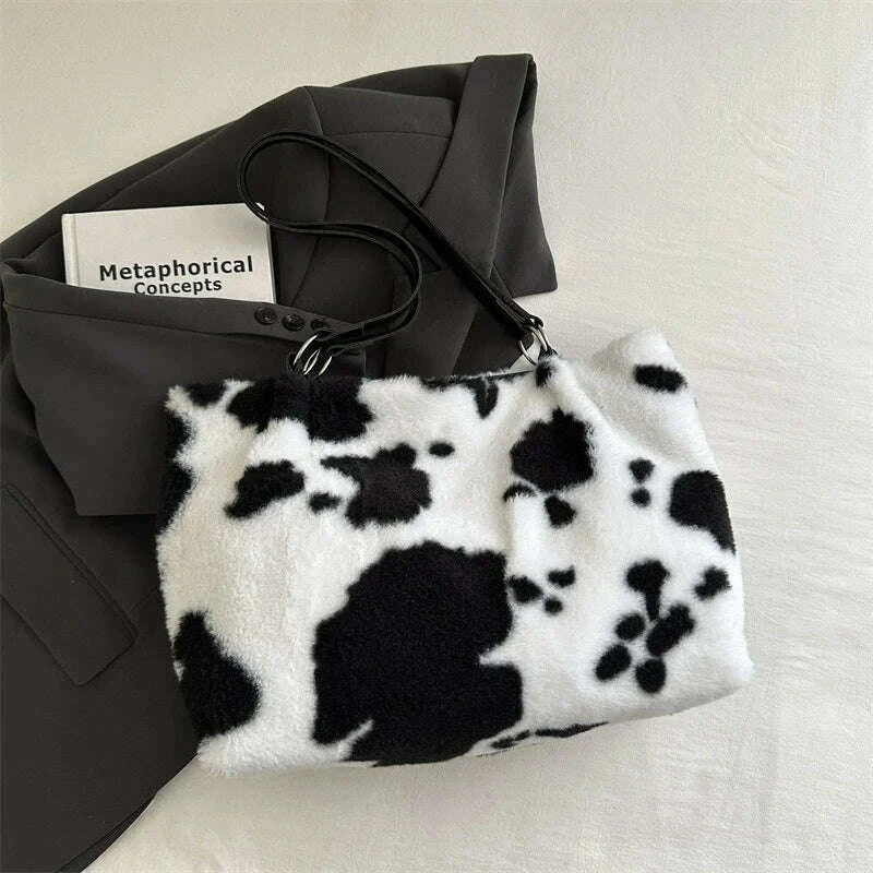 KIMLUD, Large Capacity Shopper Bags For Women Winter Travel Tote Bag Cow Printing Plush Shoulder Bag Ladies Handbag Designer Bolsos, KIMLUD Womens Clothes