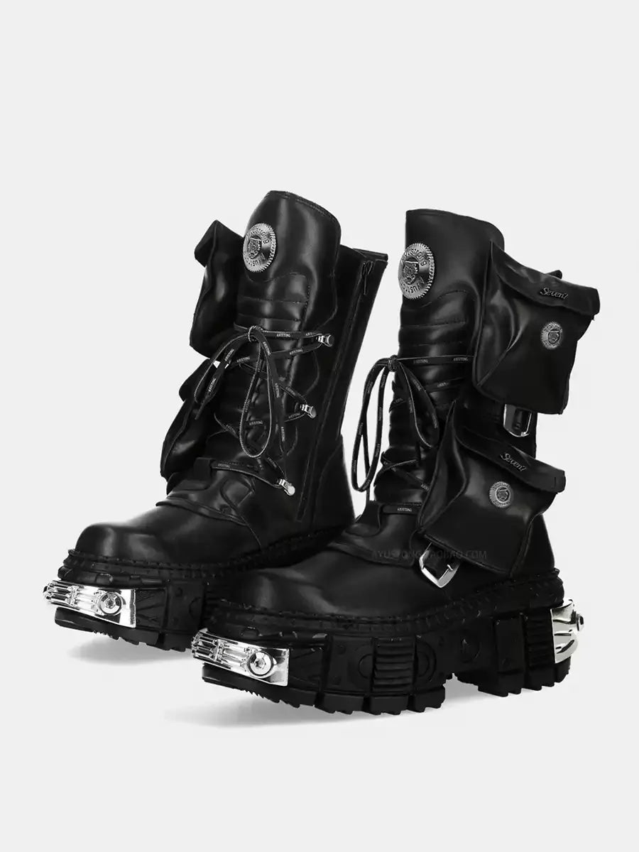 2024 New Punk Women Platform Ankle Boots Female's Rock Round Toe Lace Up Fashion Retro Chunky Shoes Metal Decor Short Boots
